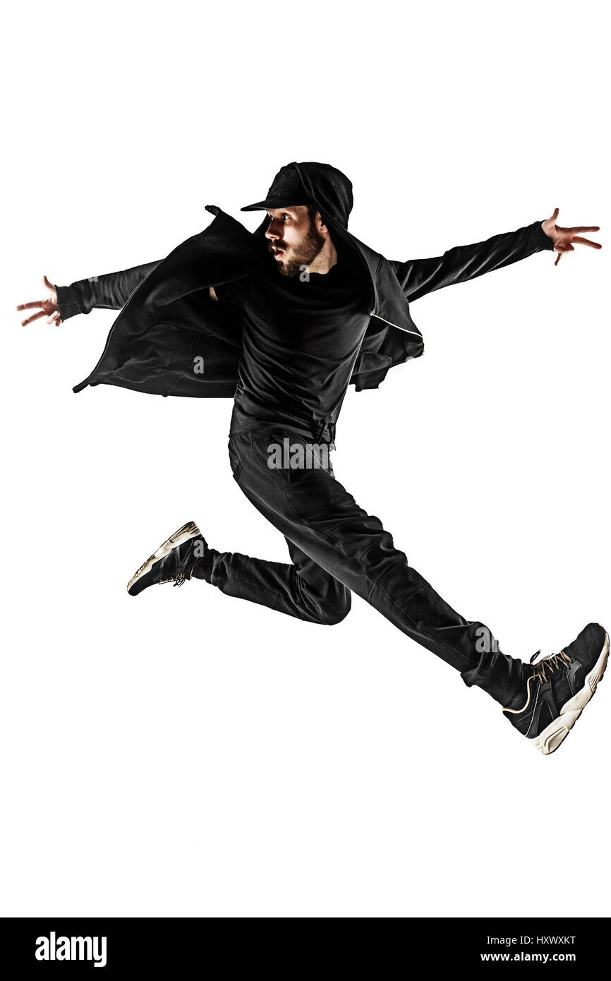 Die Silhouette von einem Hip-Hop-männliche Pause Tänzer tanzen auf weißem Hintergrund Stockfoto