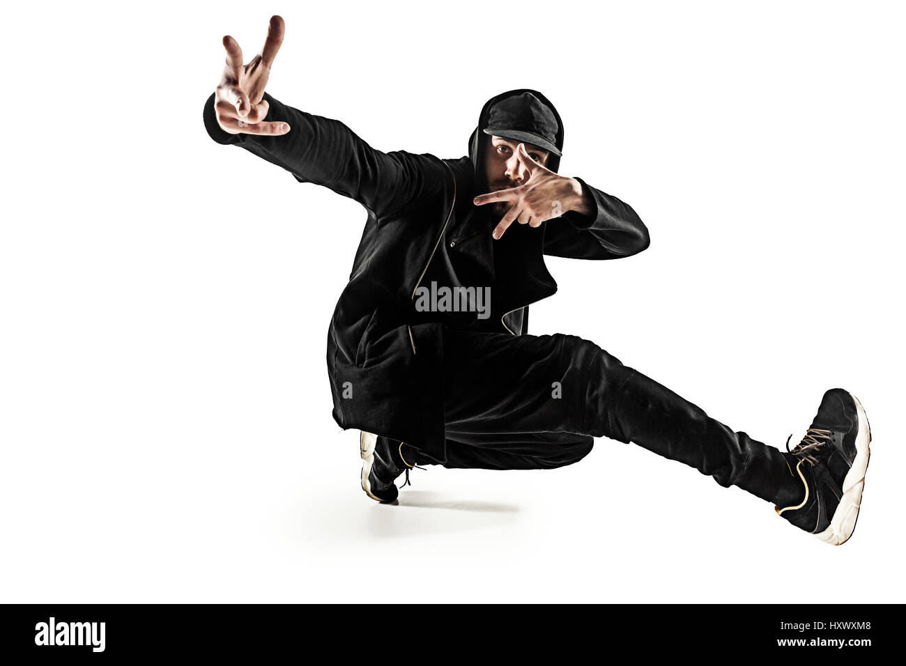 Die Silhouette von einem Hip-Hop-männliche Pause Tänzer tanzen auf weißem Hintergrund Stockfoto