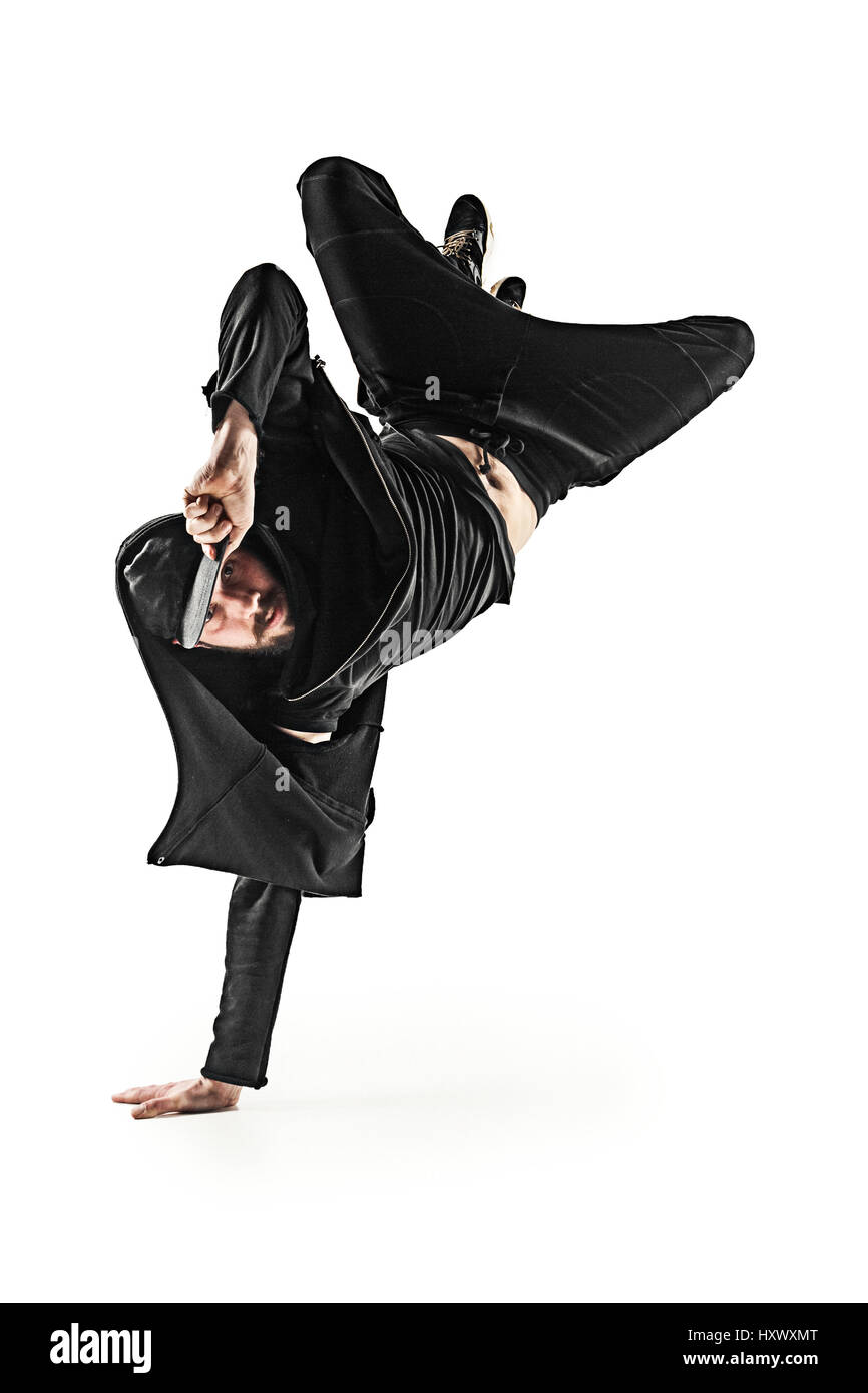 Die Silhouette von einem Hip-Hop-männliche Pause Tänzer tanzen auf weißem Hintergrund Stockfoto