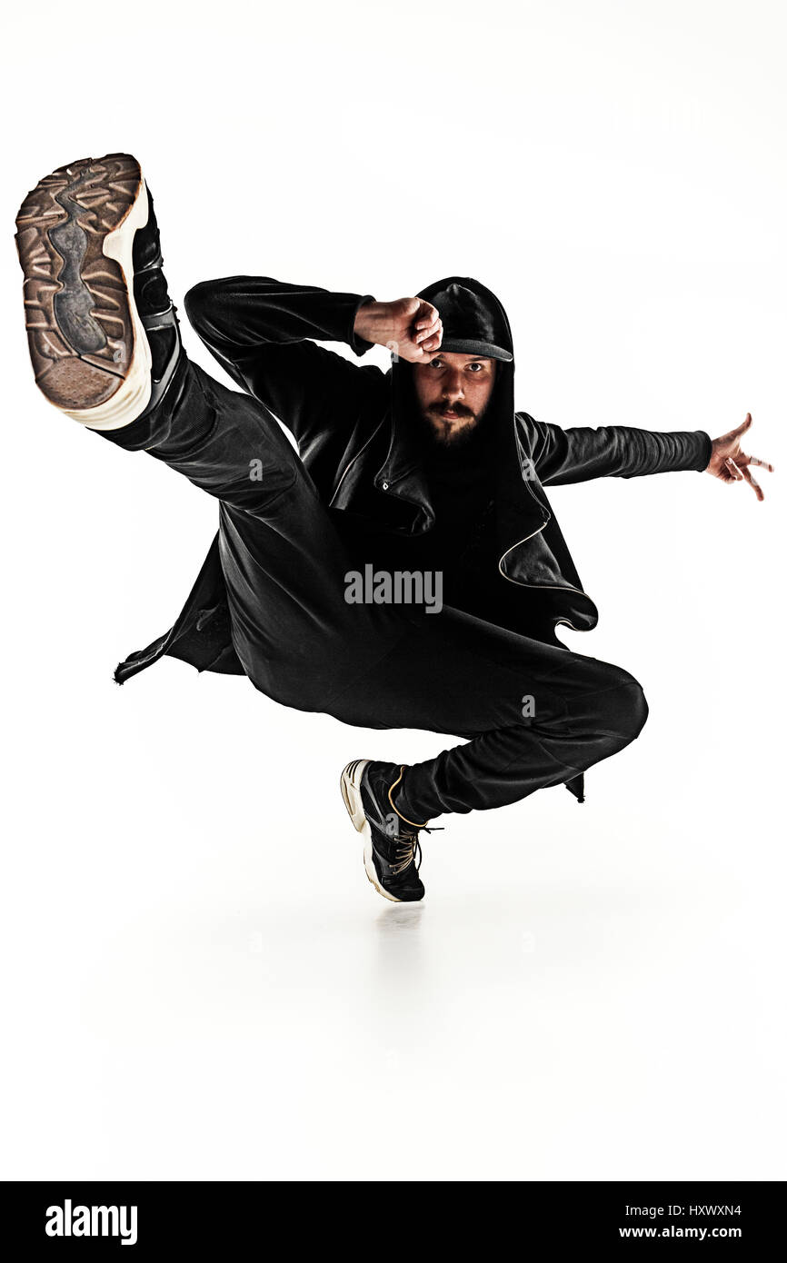 Die Silhouette von einem Hip-Hop-männliche Pause Tänzer tanzen auf weißem Hintergrund Stockfoto