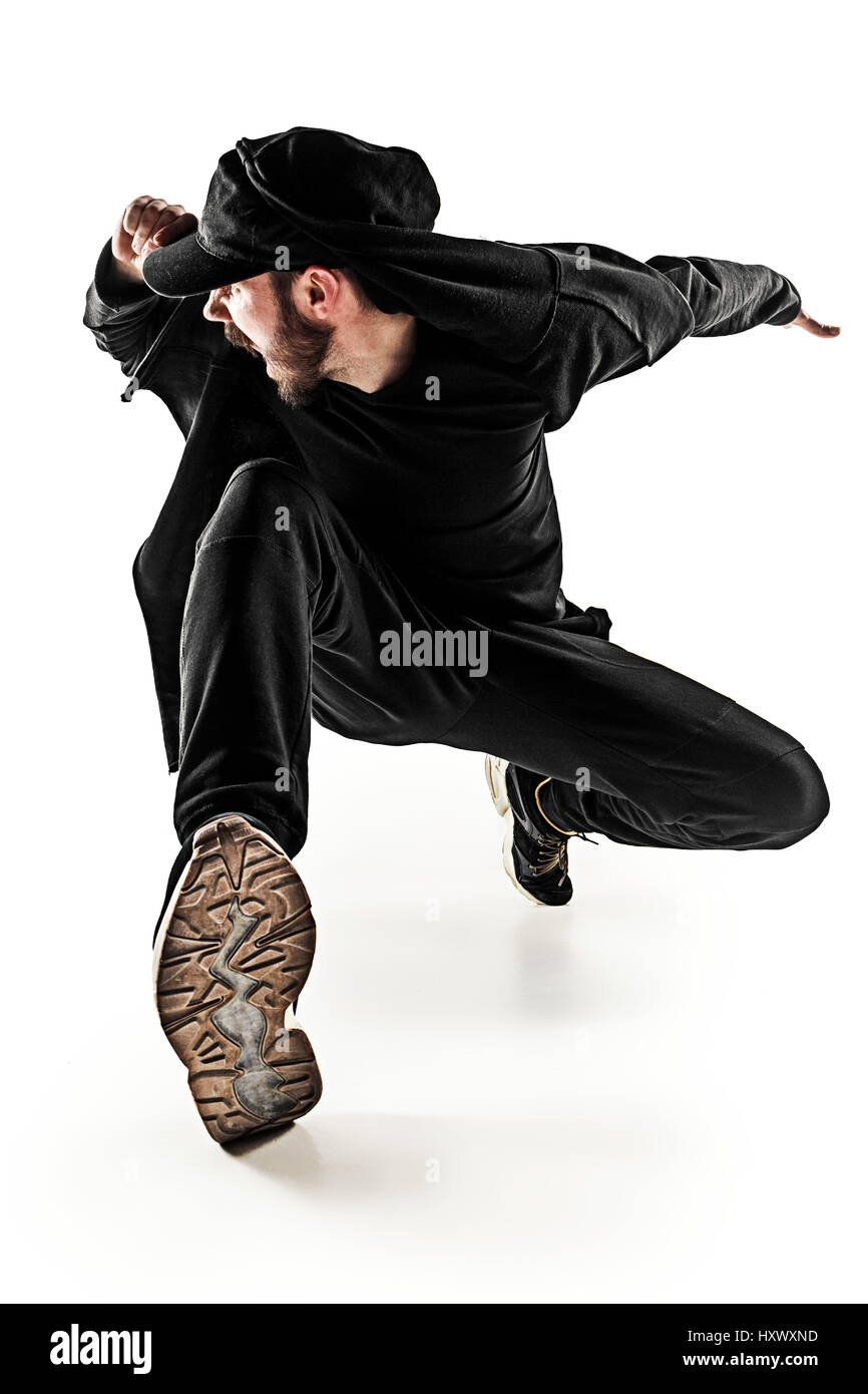 Die Silhouette von einem Hip-Hop-männliche Pause Tänzer tanzen auf weißem Hintergrund Stockfoto