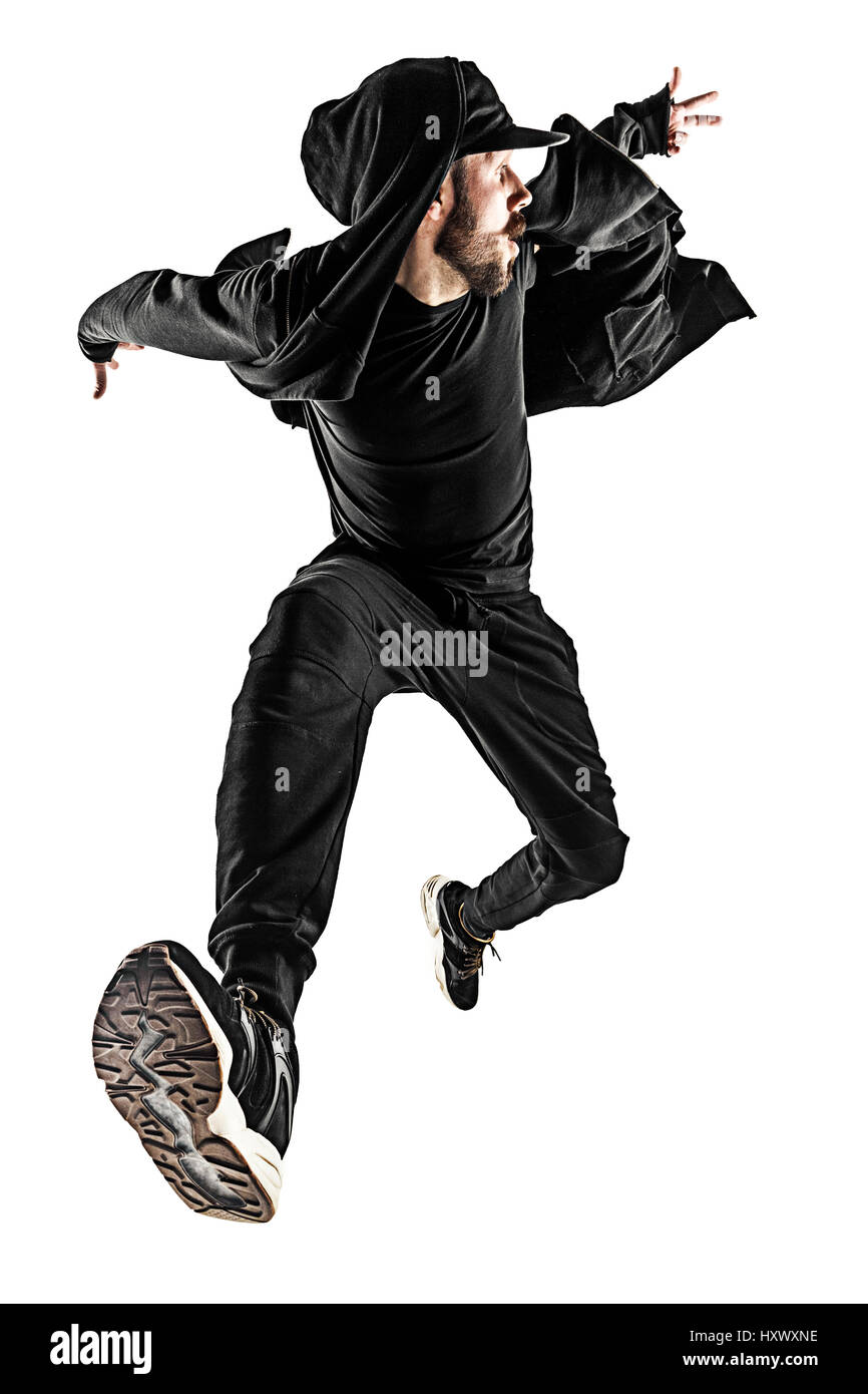 Die Silhouette von einem Hip-Hop-männliche Pause Tänzer tanzen auf weißem Hintergrund Stockfoto