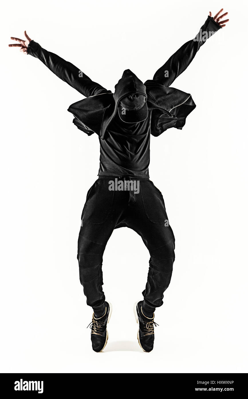 Die Silhouette von einem Hip-Hop-männliche Pause Tänzer tanzen auf weißem Hintergrund Stockfoto