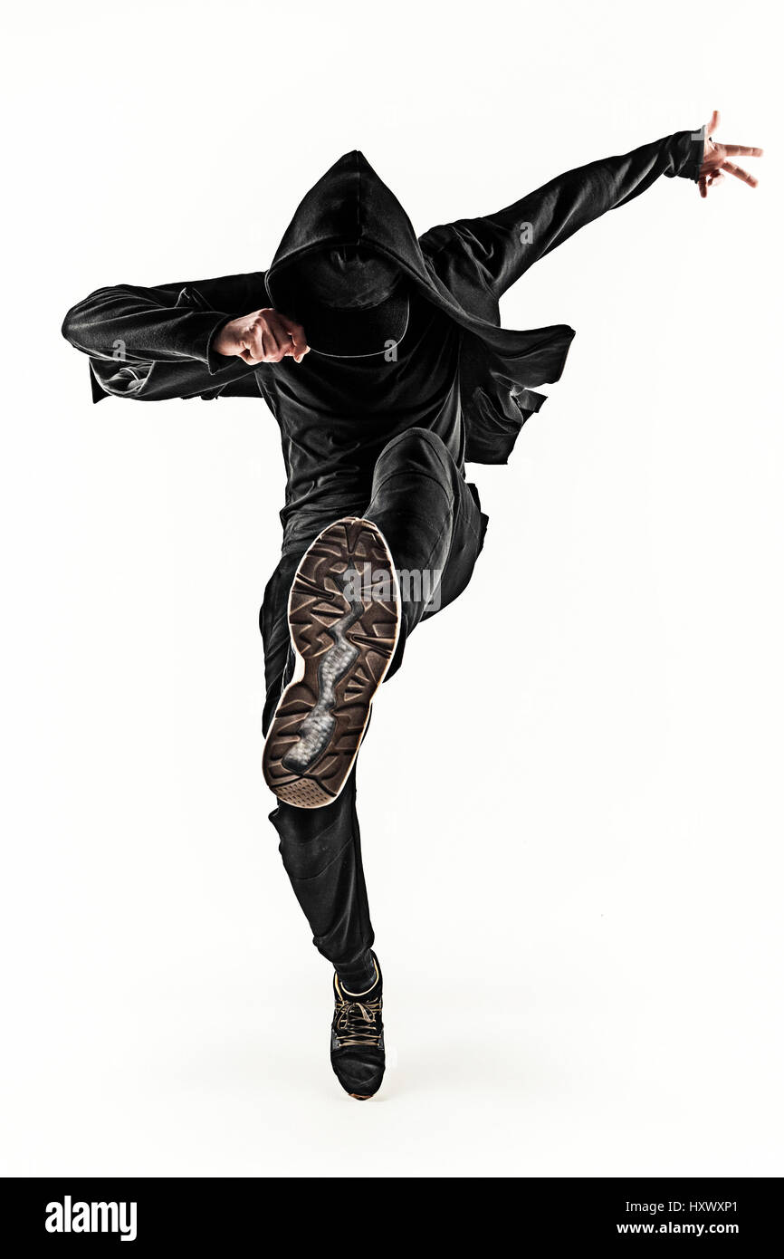 Die Silhouette von einem Hip-Hop-männliche Pause Tänzer tanzen auf weißem Hintergrund Stockfoto