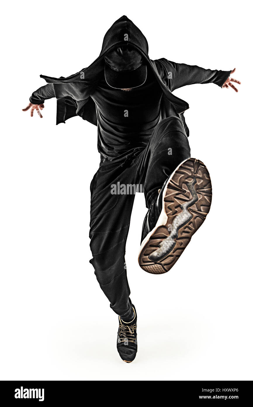 Die Silhouette von einem Hip-Hop-männliche Pause Tänzer tanzen auf weißem Hintergrund Stockfoto