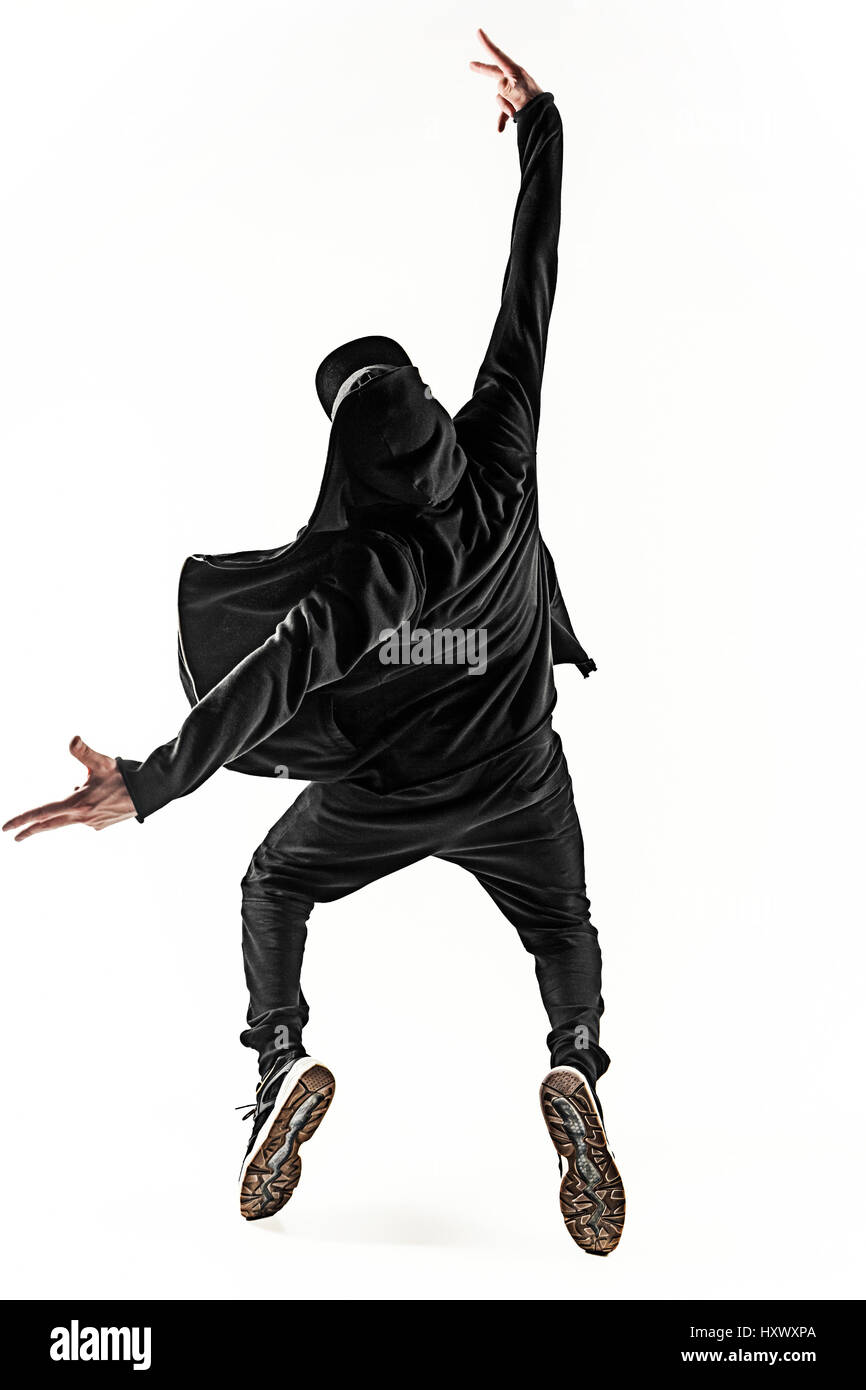 Die Silhouette von einem Hip-Hop-männliche Pause Tänzer tanzen auf weißem Hintergrund Stockfoto