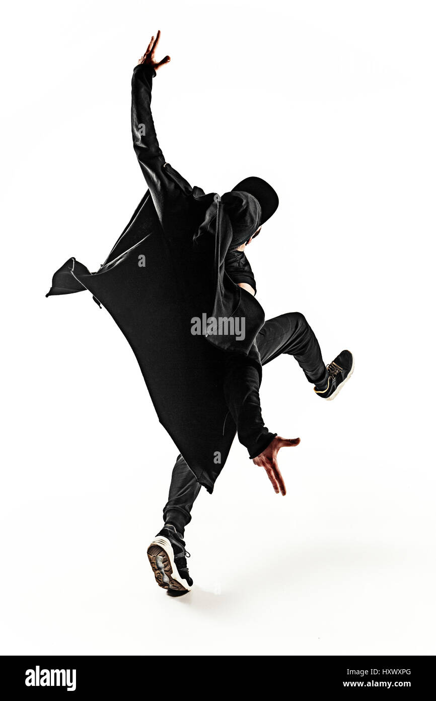 Die Silhouette von einem Hip-Hop-männliche Pause Tänzer tanzen auf weißem Hintergrund Stockfoto