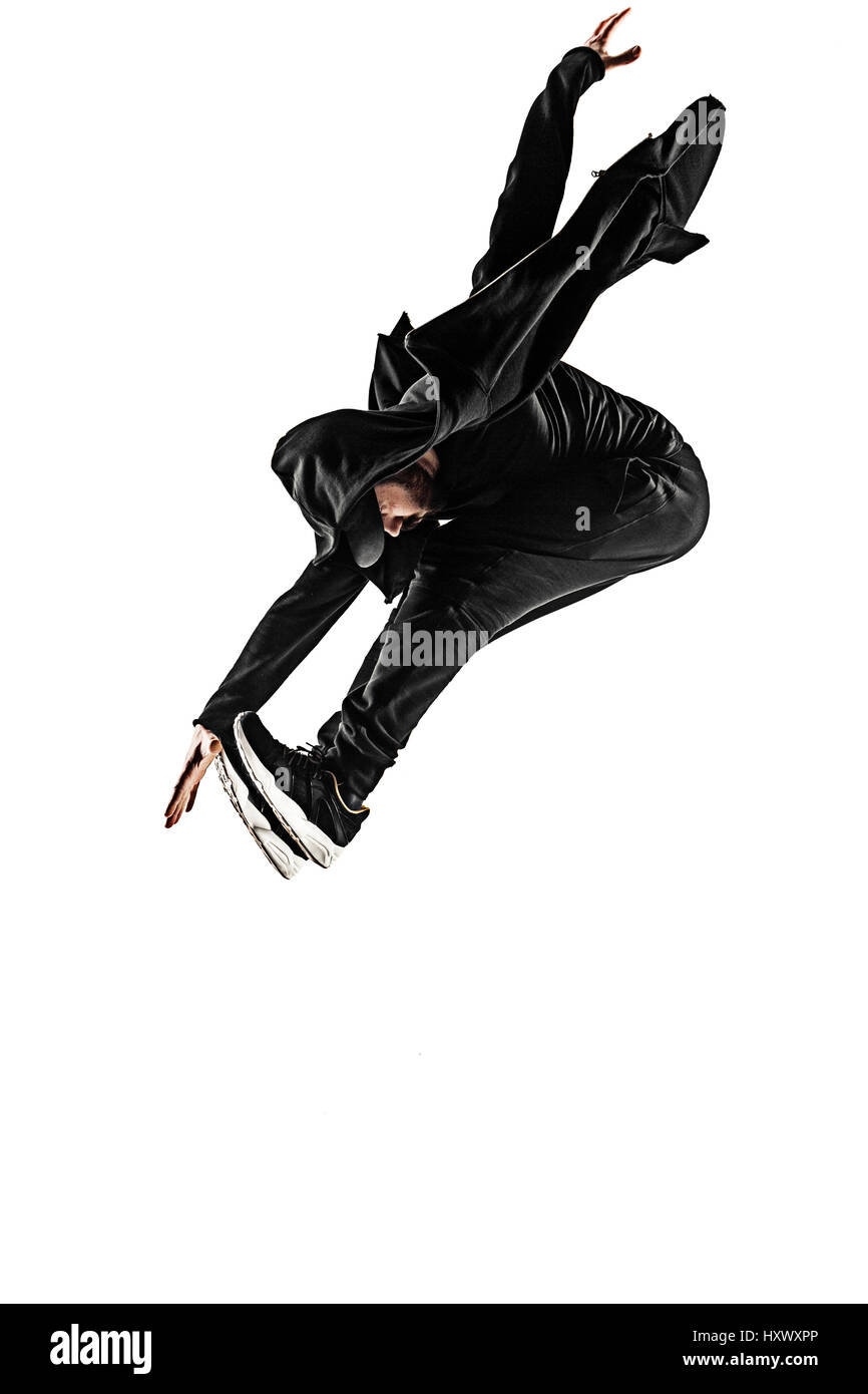 Die Silhouette von einem Hip-Hop-männliche Pause Tänzer tanzen auf weißem Hintergrund Stockfoto