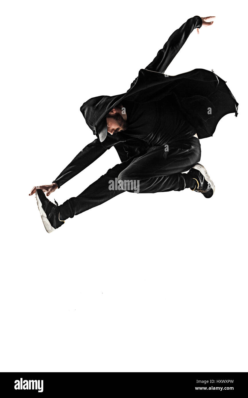Die Silhouette von einem Hip-Hop-männliche Pause Tänzer tanzen auf weißem Hintergrund Stockfoto