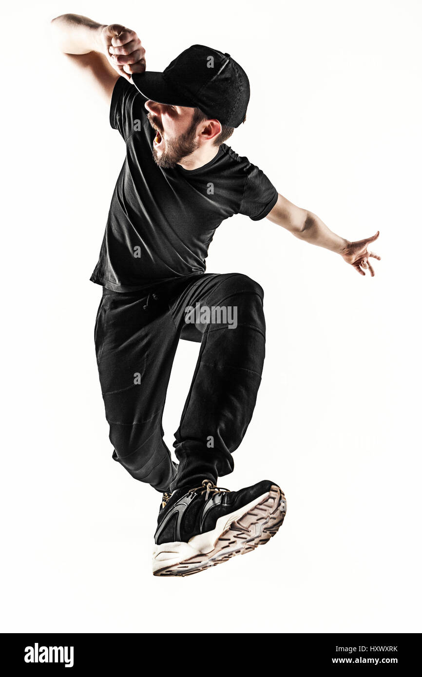 Die Silhouette von einem Hip-Hop-männliche Pause Tänzer tanzen auf weißem Hintergrund Stockfoto