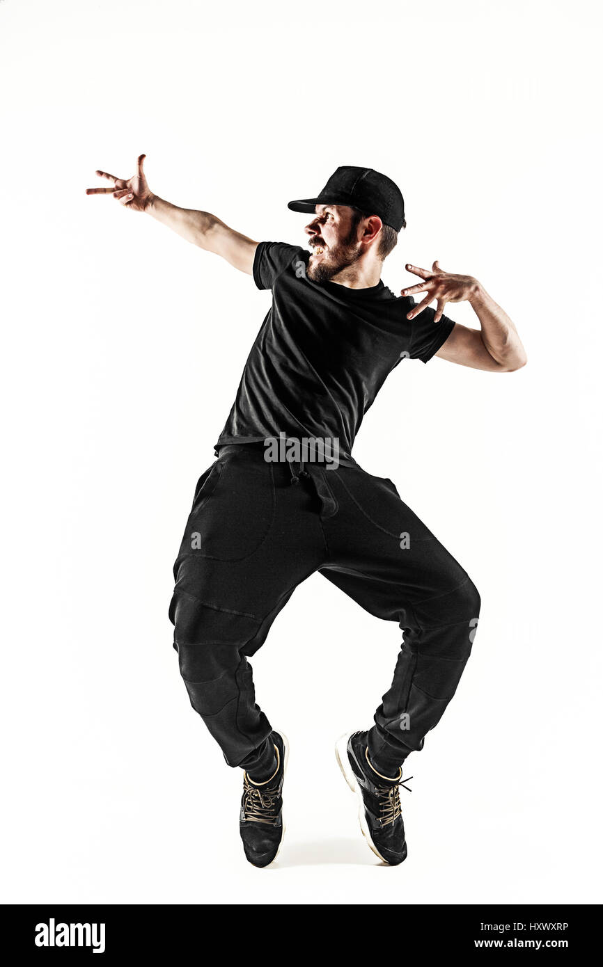 Die Silhouette von einem Hip-Hop-männliche Pause Tänzer tanzen auf weißem Hintergrund Stockfoto