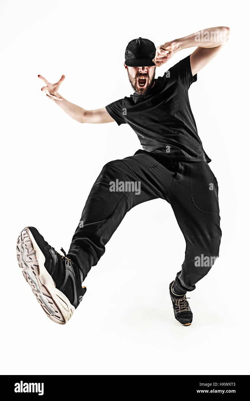 Die Silhouette von einem Hip-Hop-männliche Pause Tänzer tanzen auf weißem Hintergrund Stockfoto