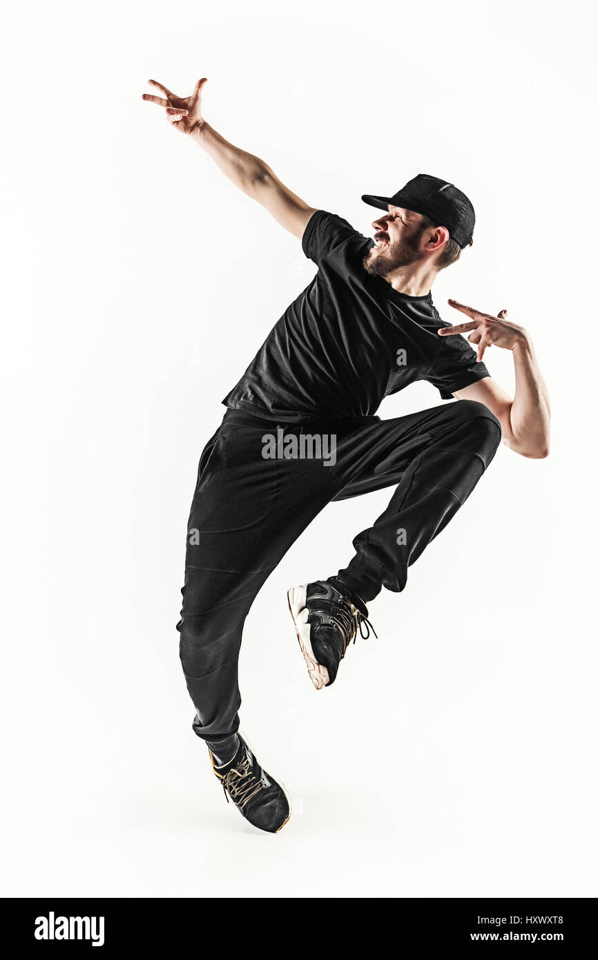 Die Silhouette von einem Hip-Hop-männliche Pause Tänzer tanzen auf weißem Hintergrund Stockfoto
