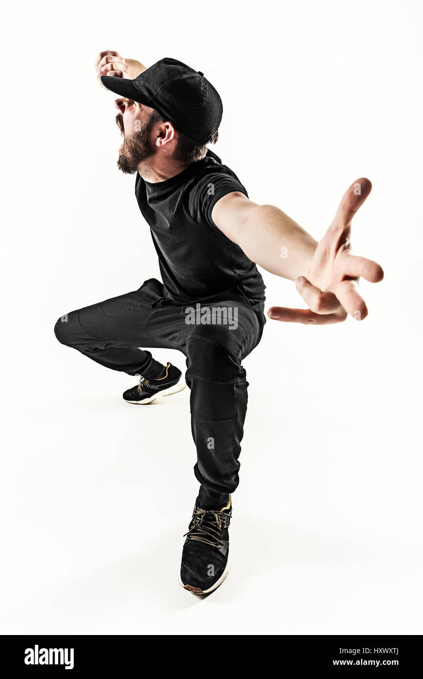 Die Silhouette von einem Hip-Hop-männliche Pause Tänzer tanzen auf weißem Hintergrund Stockfoto