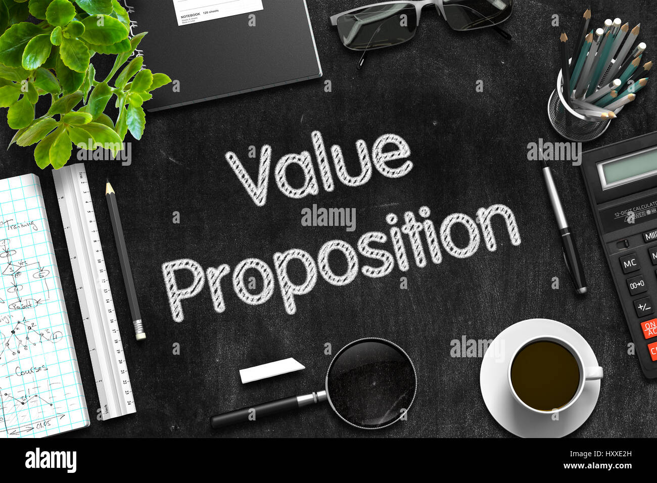 Value Proposition an schwarzen Tafel. 3D-Rendering. Stockfoto