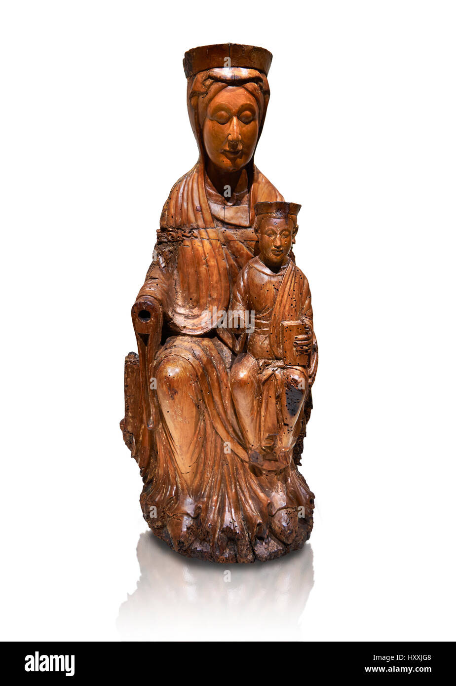 Gotische polychrome hölzerne Statue der Jungfrau Maria mit Kind. 13. Jahrhundert.  Inv keine: 3924, Nationalmuseum für katalanische Kunst, Barcelona, Spanien Stockfoto