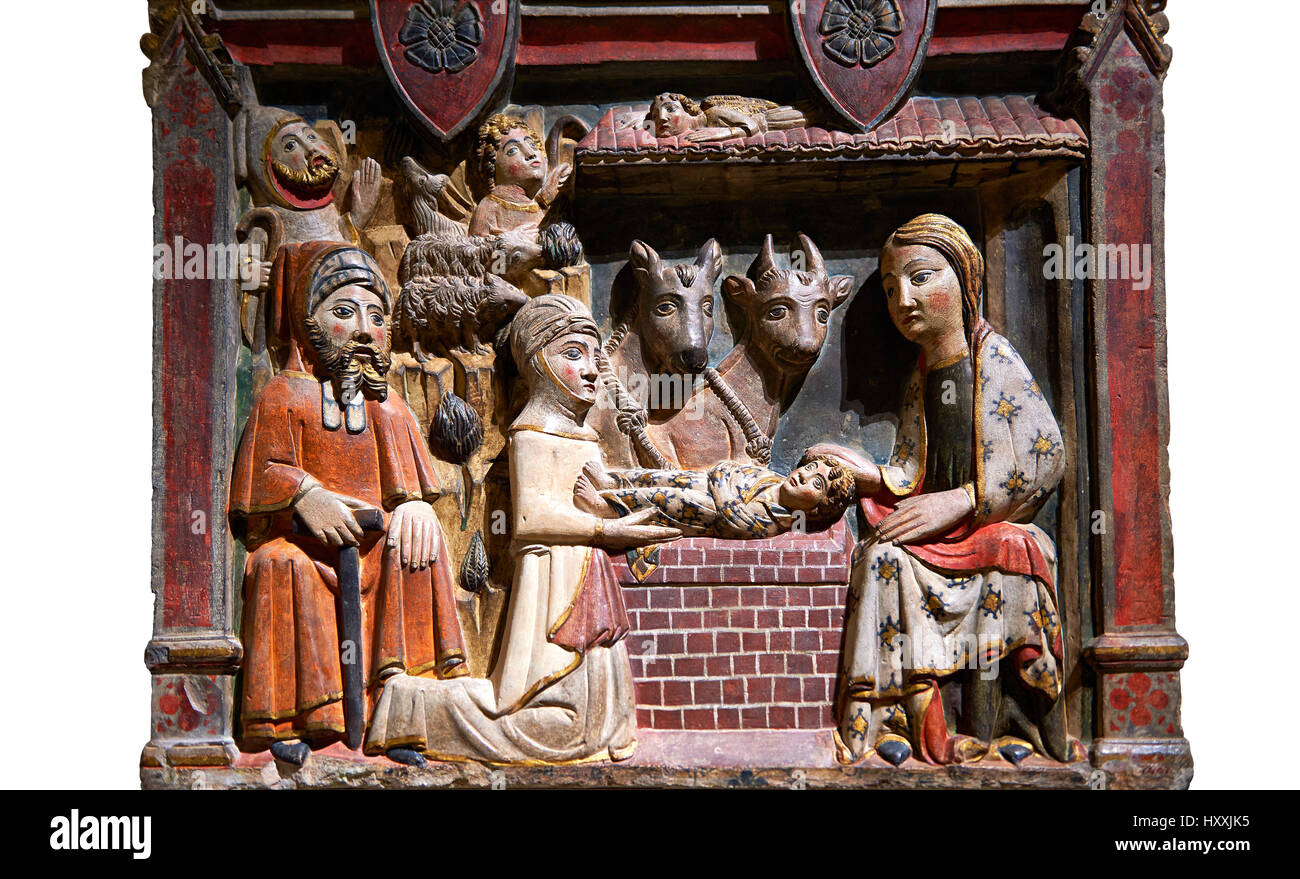 Gotisches Relief der Geburt Christi von Master Albesa 14. Jahrhundert gemalt. Krypta der Sant Pere d' zusammenarbeiten (Noguera). MNAC Inv keine: 017342-000 Stockfoto