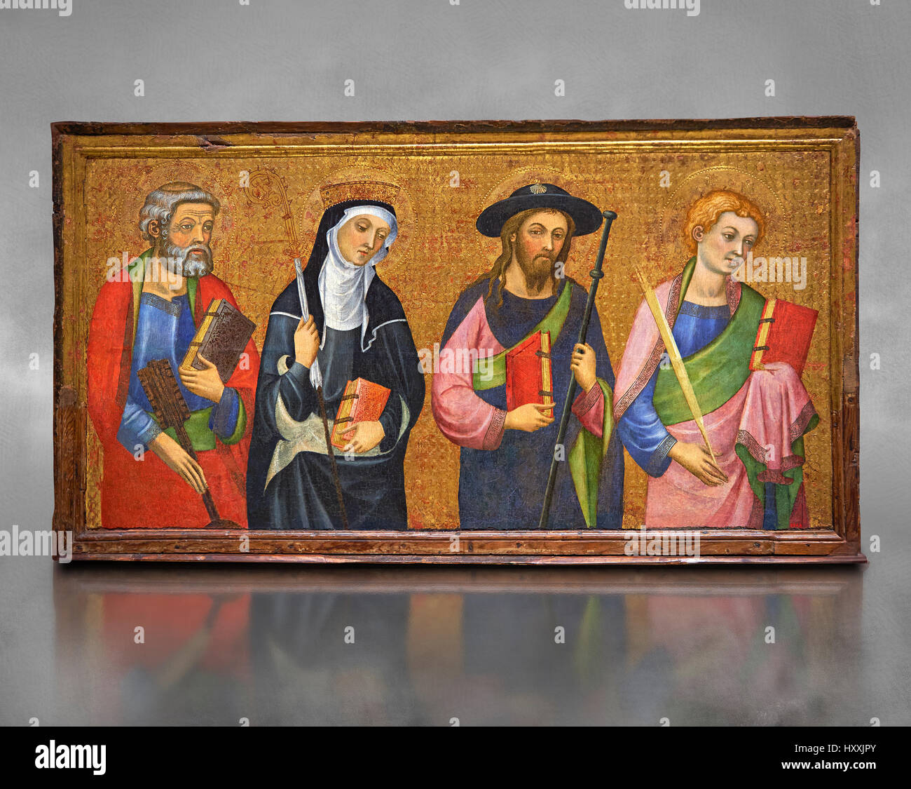 Gotische Altar Panel, von links - St. Peter, St. Clara, St. James größer, St. John. C.1385 von Pere Serra, Kathedrale von Tortosa. Inv-MNAC 3950, 3948, 3949 Stockfoto