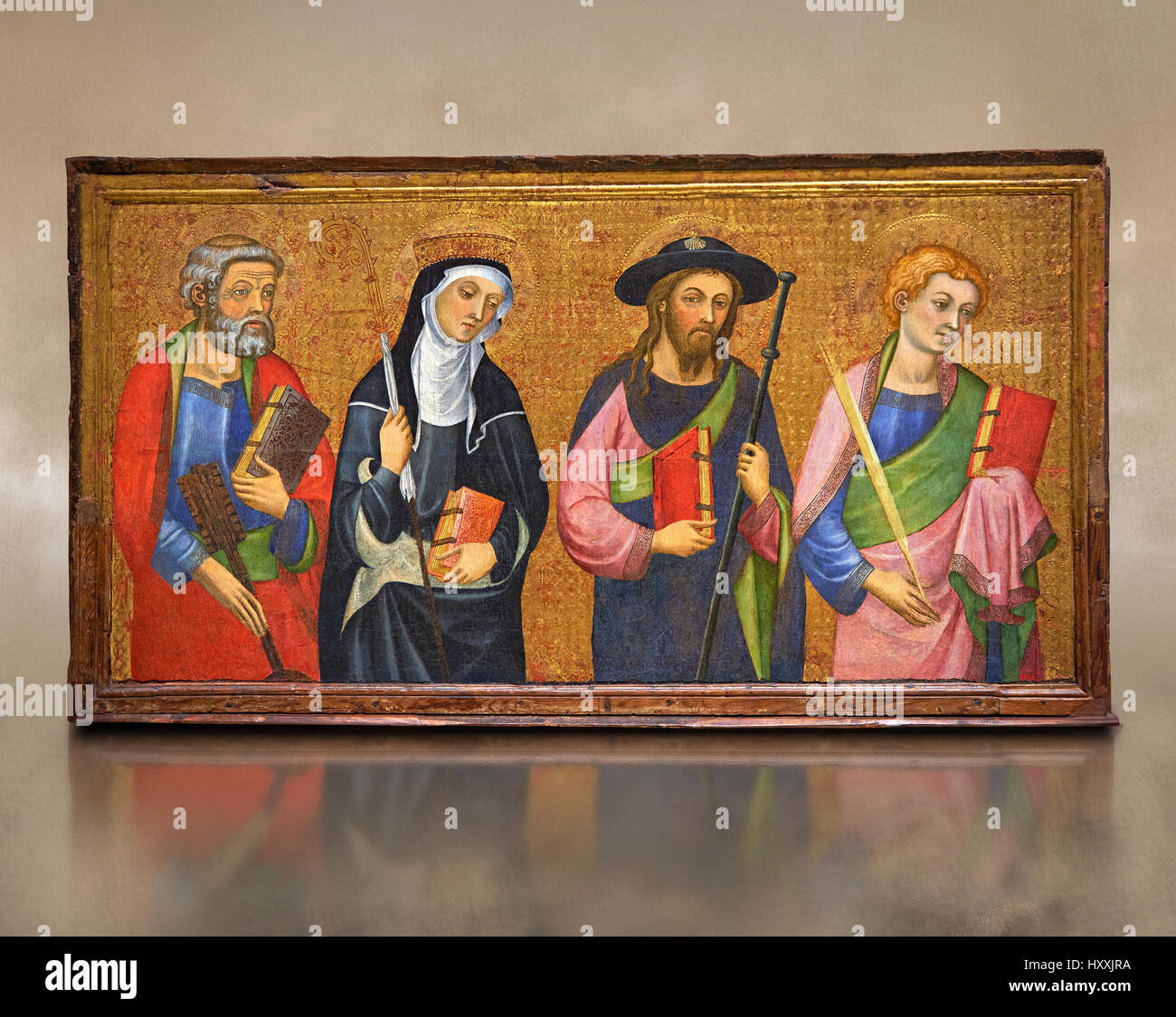 Gotische Altar Panel, von links - St. Peter, St. Clara, St. James größer, St. John. C.1385 von Pere Serra, Kathedrale von Tortosa. Inv-MNAC 3950, 3948, 3949 Stockfoto