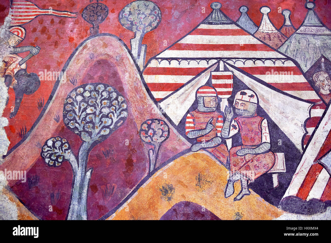 Gotisches Fresko Wandgemälde "Die Eroberung von Mallorca" 1285-1290. Nationales Museum für katalanische Kunst, Barcelona, Spanien, Inv keine: 071447-CJT.  Die Fototapete pai Stockfoto