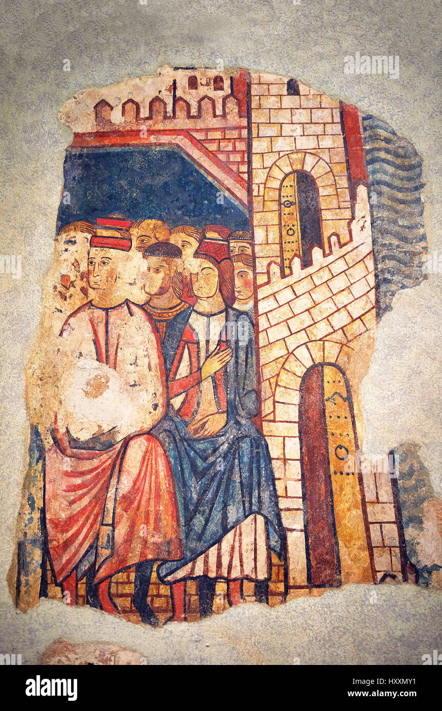 Gotisches Fresko Wandgemälde "Die Eroberung von Mallorca" 1285-1290. Nationales Museum für katalanische Kunst, Barcelona, Spanien, Inv keine: 071447-CJT.  Die Fototapete pai Stockfoto