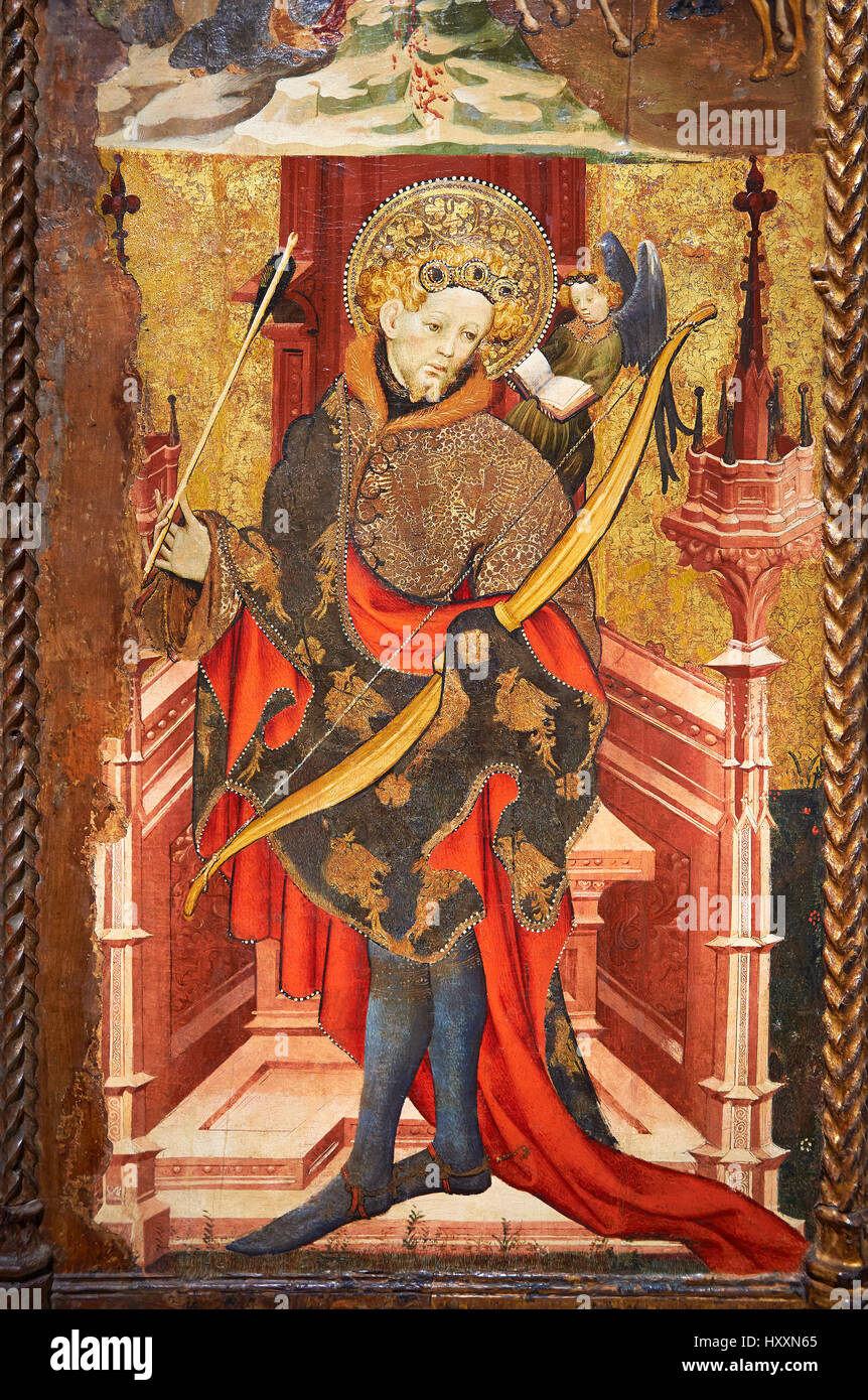 Gotischen Altarbild St. Sebastia, Joan Mates von Villafranca de Penedes, c.1417, Refrectory von Pia Almoina, Barcelona, Inv keine: MNAC 32340. Stockfoto