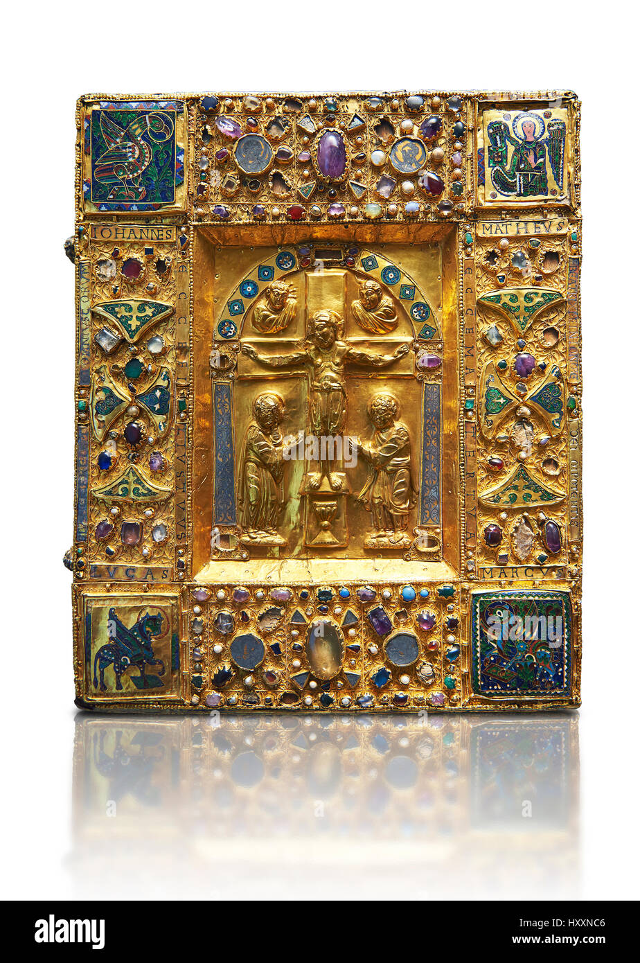 Mittelalterliche Handschrift vergoldete Deckel Darstellung der Kreuzigung. 11. Jahrhundert aus der Schatzkammer der Kathedrale von Maastricht. Museum Louvre Paris Stockfoto