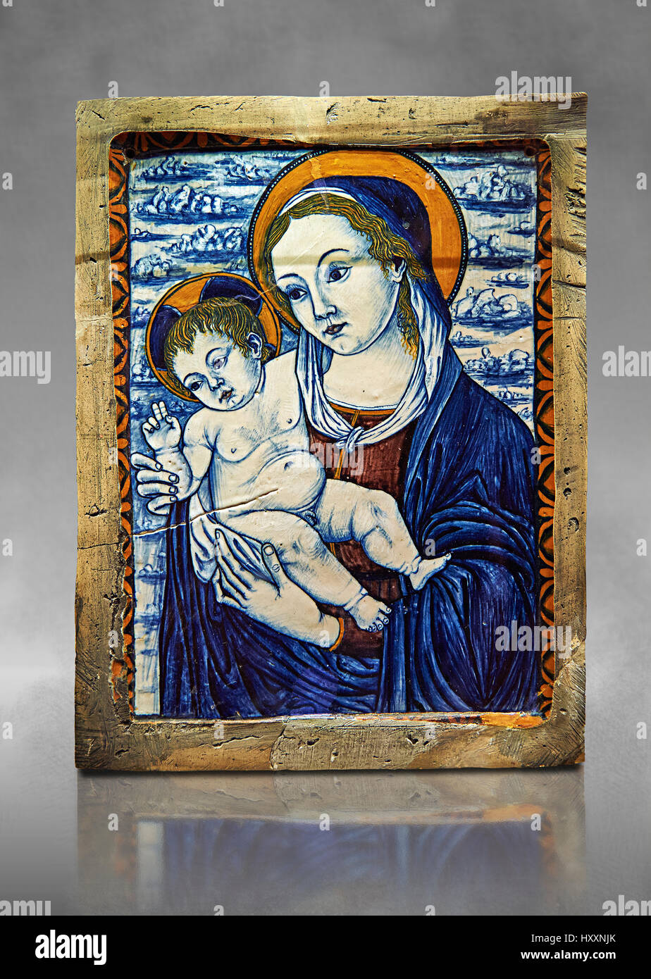 Keramik glasiert Plaque, die Darstellung der Jungfrau mit Kind gemacht in Faenza, Italien, um 1500. WR 3100, das Louvre-Museum, Paris. Stockfoto