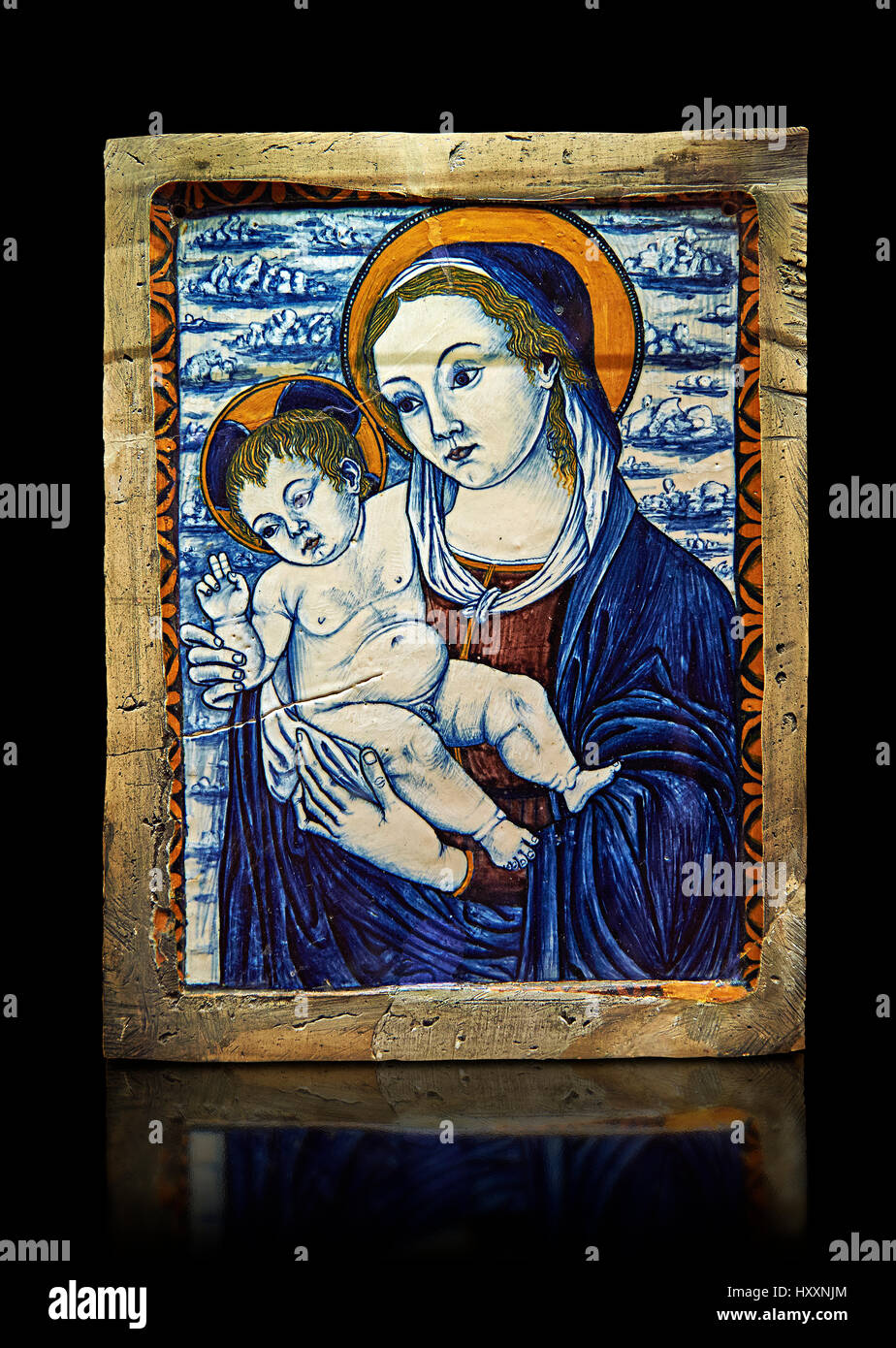 Keramik glasiert Plaque, die Darstellung der Jungfrau mit Kind gemacht in Faenza, Italien, um 1500. WR 3100, das Louvre-Museum, Paris. Stockfoto