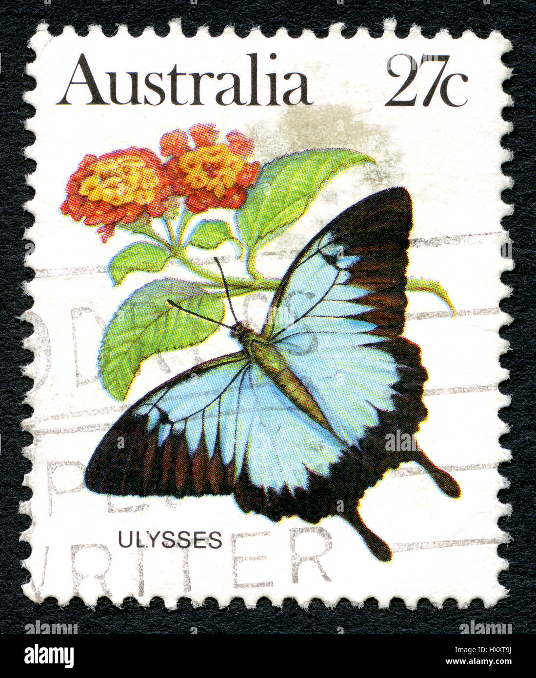 Australien - ca. 1983: Eine gebrauchte Briefmarke aus Australien, Darstellung zur Veranschaulichung der Ulysses Schmetterling, ca. 1983. Stockfoto