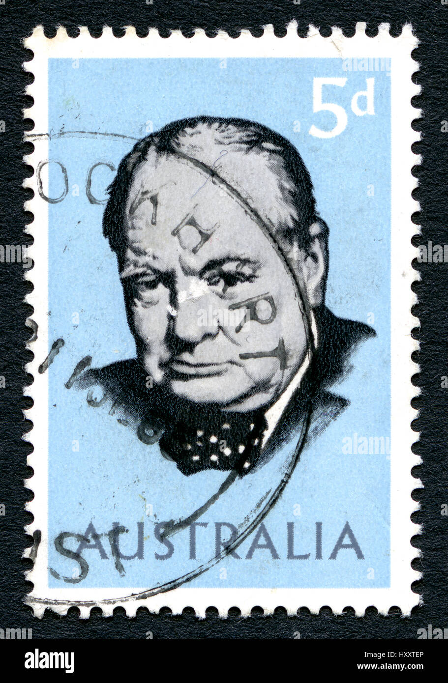 Australien - ca. 1965: Eine gebrauchte Briefmarke aus Australien, zeigt ein Porträt der ehemalige britische Premierminister Sir Winston Churchill, ca. 1965. Stockfoto