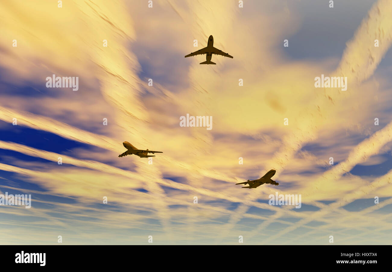 Boeing 747 Jets Verbreitung Chemtrails hoch oben In der Erdatmosphäre Stockfoto