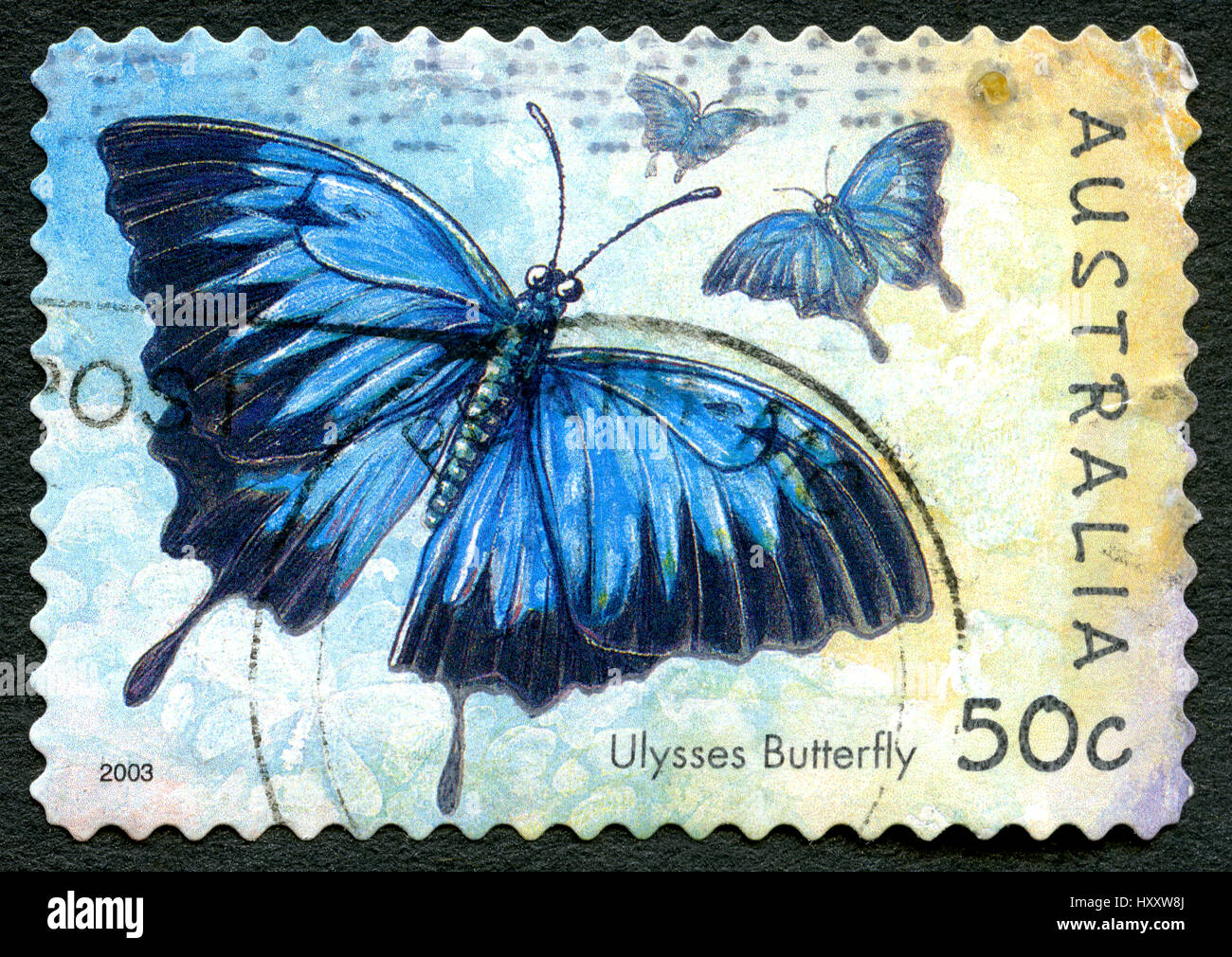 Australien - CIRCA 2003: Eine gebrauchte Briefmarke aus Australien, Darstellung zur Veranschaulichung der Ulysses Schmetterling, circa 2003. Stockfoto