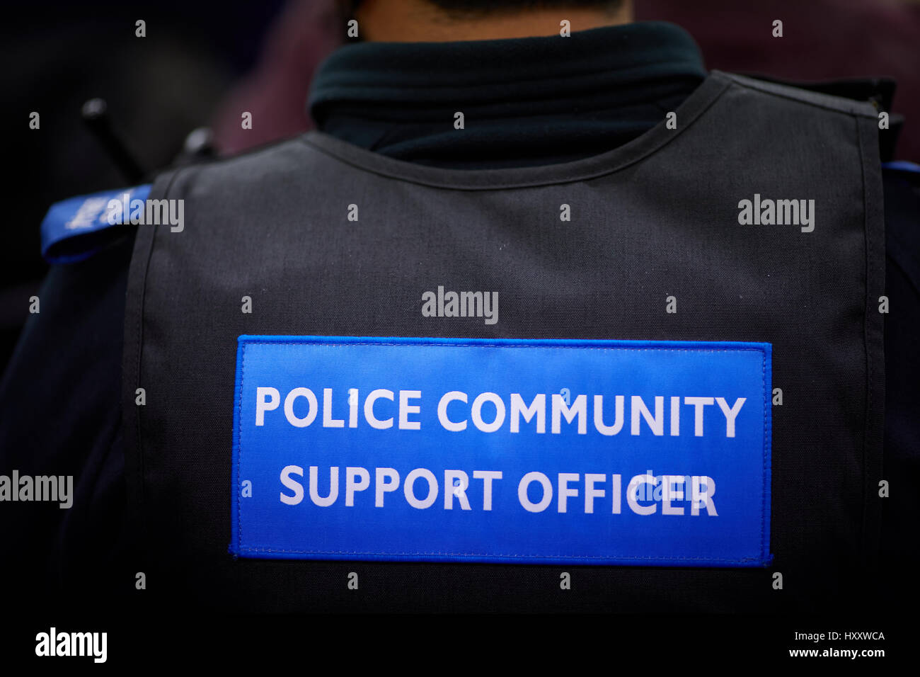 Polizei Community Support Officer, PCSO Abzeichen auf der Rückseite der Weste. Stockfoto