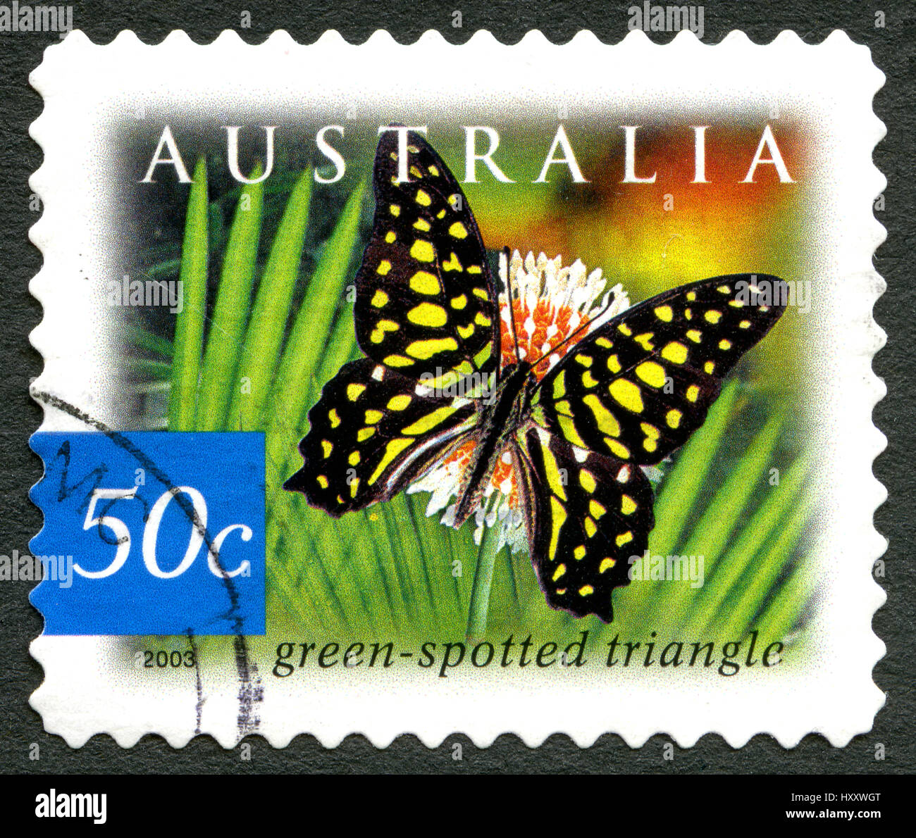 Australien - CIRCA 2003: Eine gebrauchte Briefmarke aus Australien, zeigt ein Beispiel für ein Green Spotted Dreieck-Schmetterling, circa 2003. Stockfoto