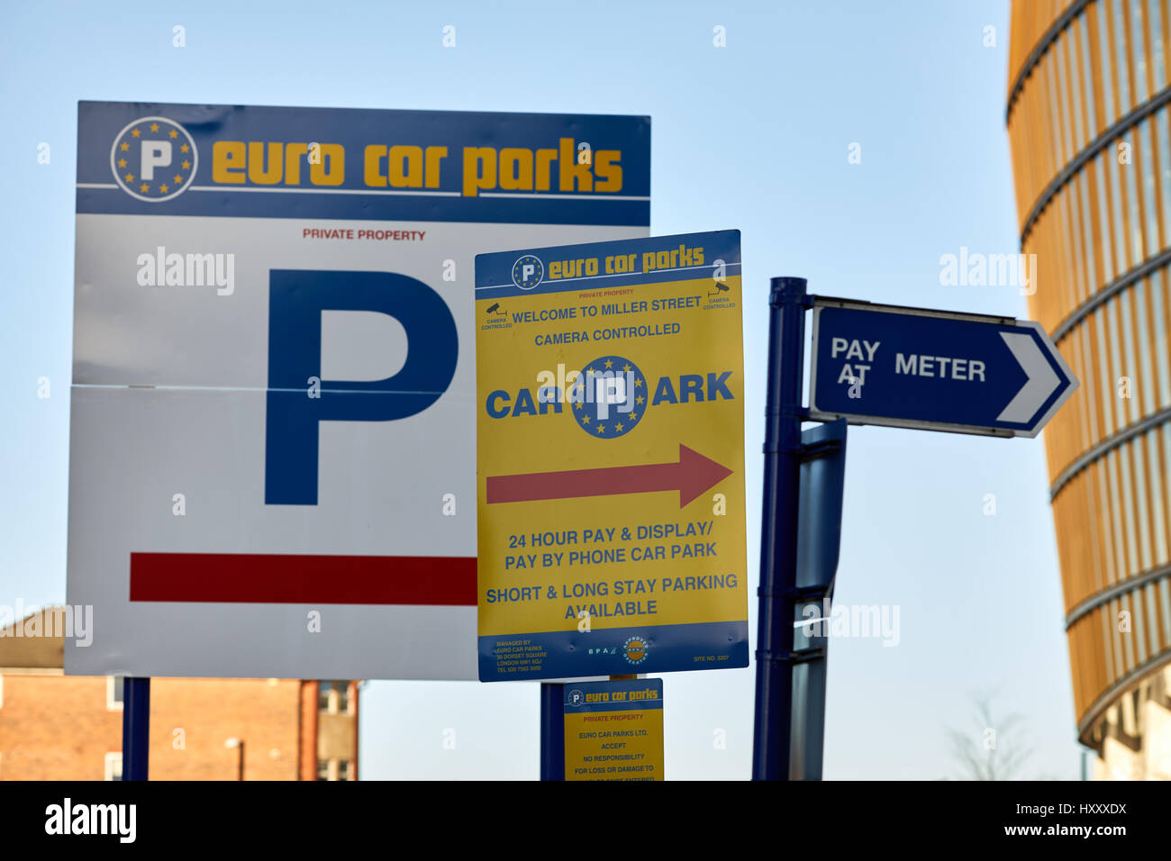 Euro Car Parks unterzeichnet in privaten, Parkplatz, Parkhaus, Manchester, England, UK. Stockfoto