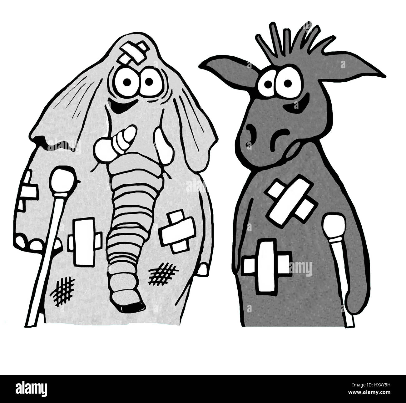 Politischen Karikatur zeigt eine misshandelte und ausgetretenen republikanische und demokratische. Stockfoto