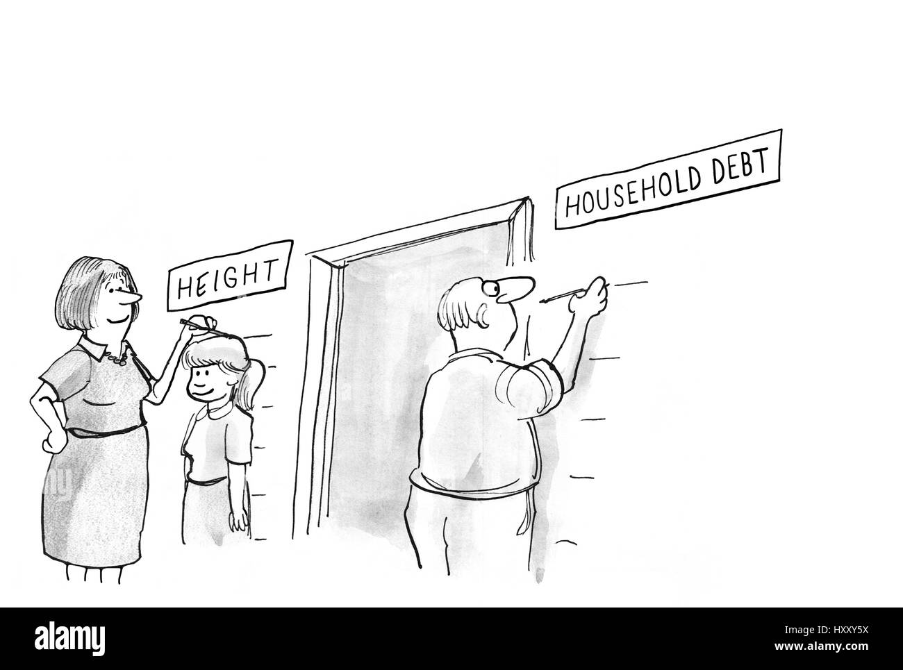 Cartoon-Illustration zeigt, dass die Verschuldung der privaten Haushalte als Alter der Kinder erhöht. Stockfoto