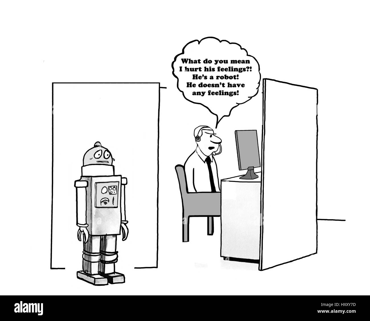 Geschäftliche Cartoon über unabhängig davon, ob Roboter Gefühle haben. Stockfoto