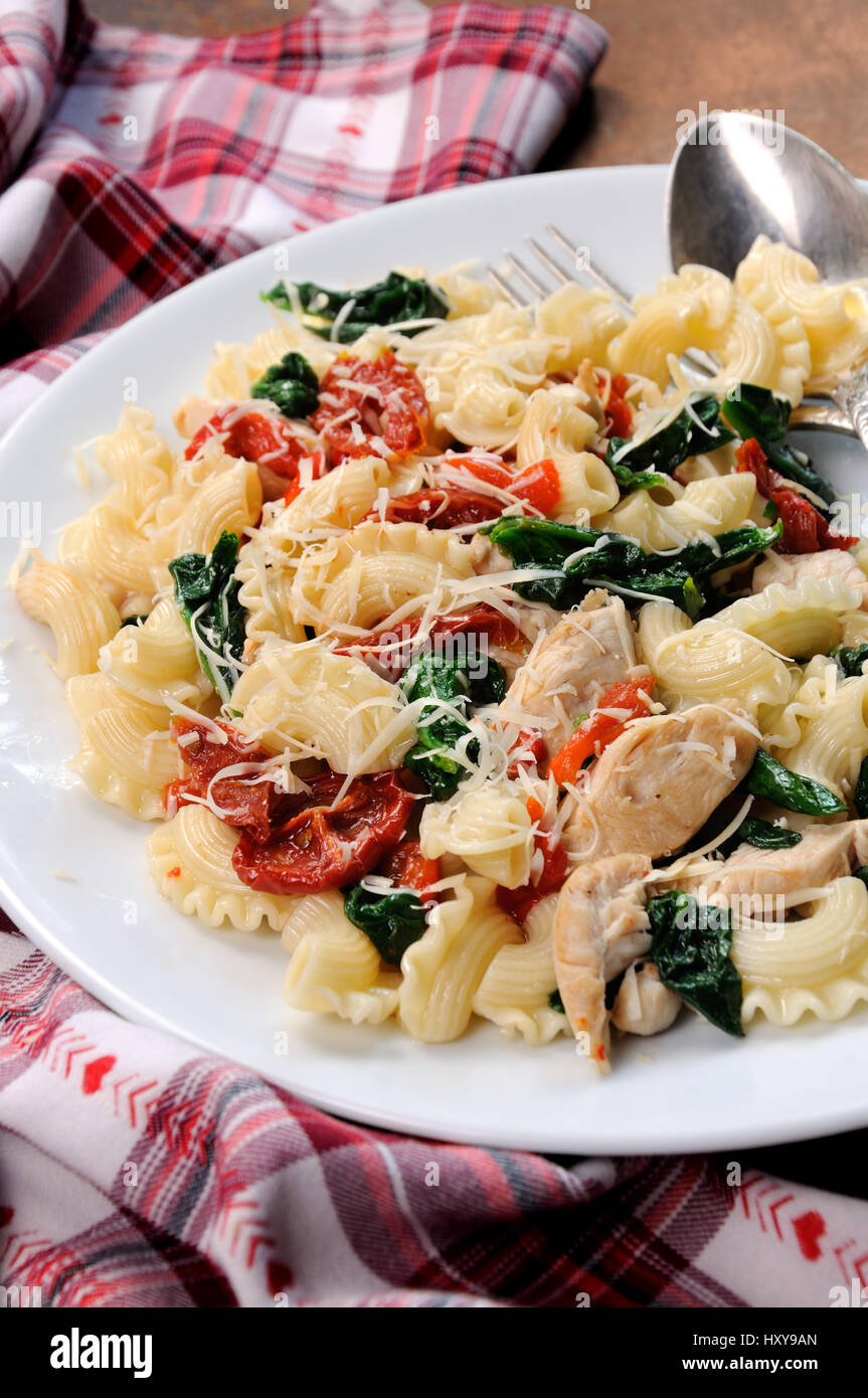 Warmer Salat Nudeln mit Huhn, Sonne getrocknet, Tomaten, Spinat ...