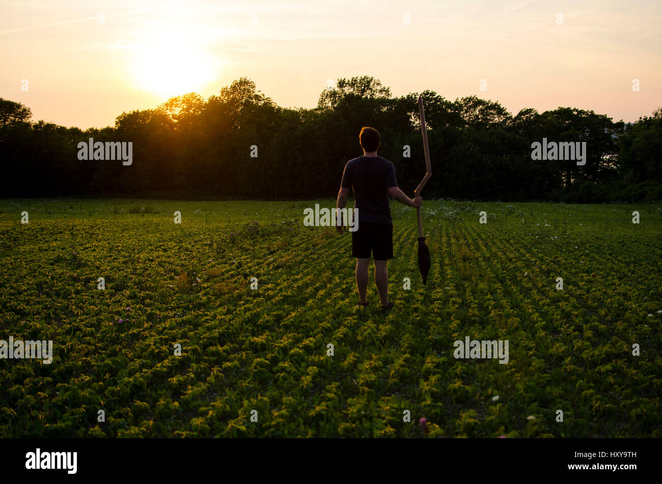 Quidditch-Spieler warten bei Sonnenuntergang mit seinem Besen fliegen Stockfoto