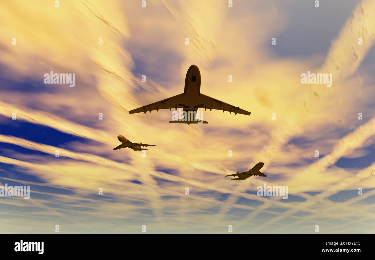 Boeing 747 Jets Verbreitung Chemtrails hoch oben In der Erdatmosphäre Stockfoto