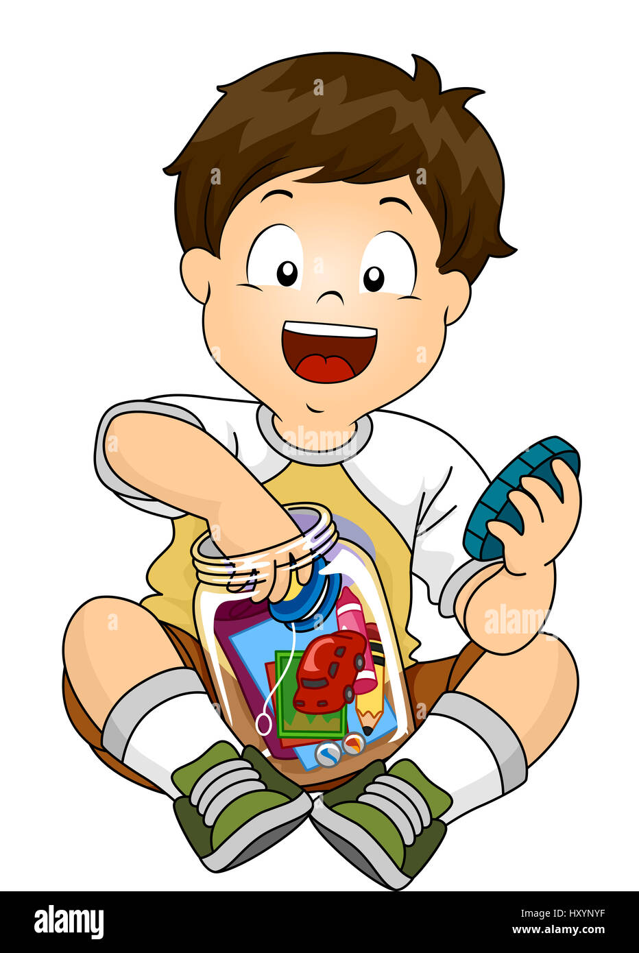 Abbildung eines kleinen Jungen setzen seine Spielsachen in ein Glas, eine Zeitkapsel zu machen Stockfoto