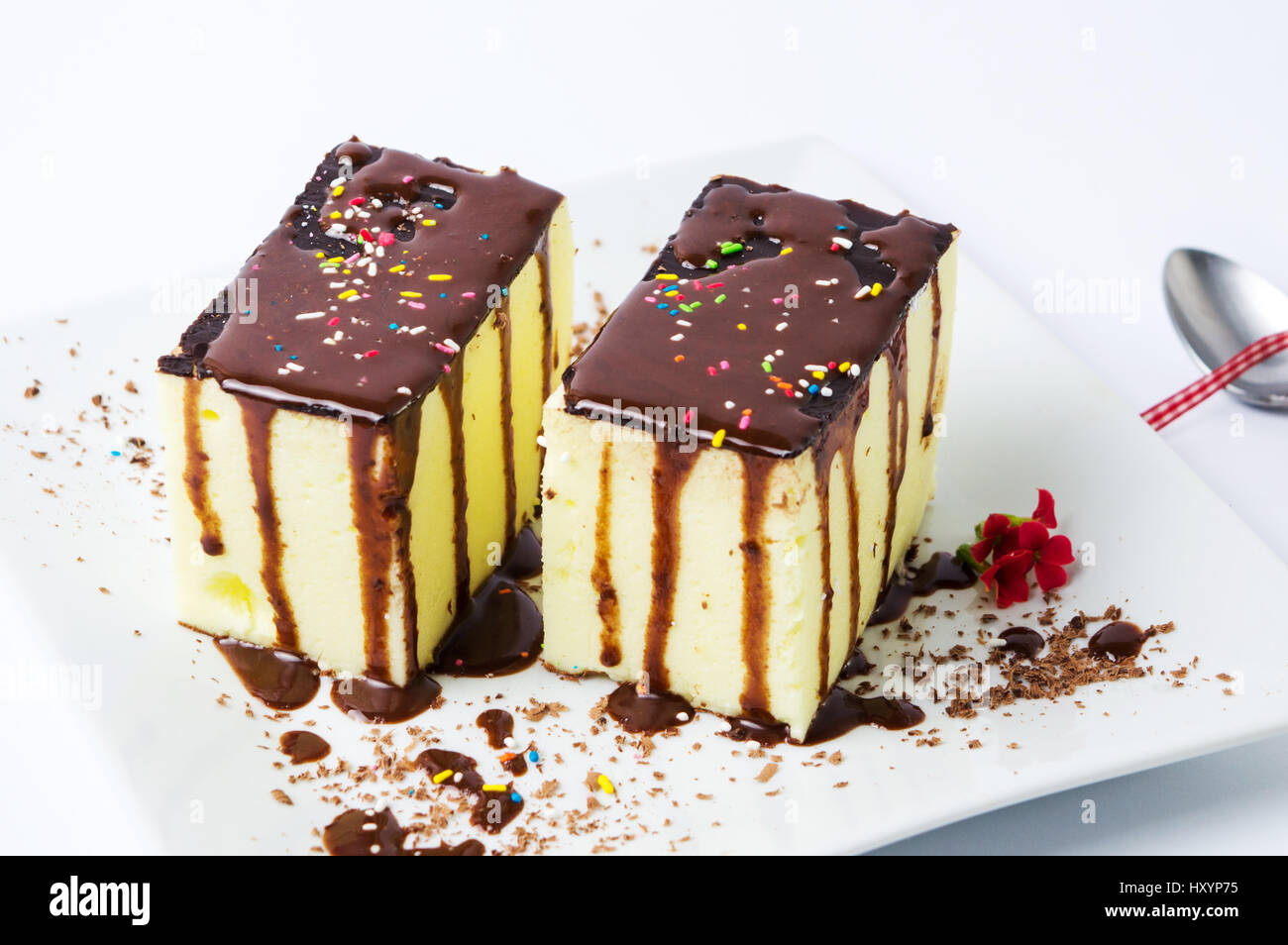 Eiercreme Cremeschnitte Kuchen mit Schokolade überzogen Stockfoto