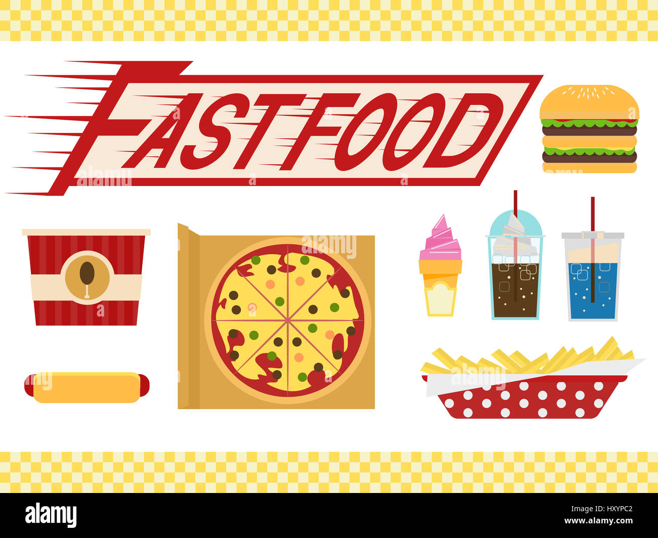 Darstellung der Elemente in der Regel verbunden mit Fast-Food Stockfoto