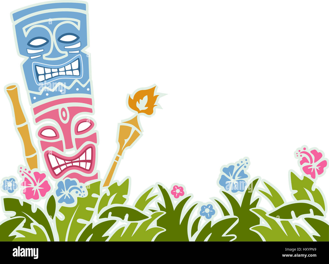 Schablone Abbildung einer Tiki Statue umgeben von bunten Blumen Stockfoto