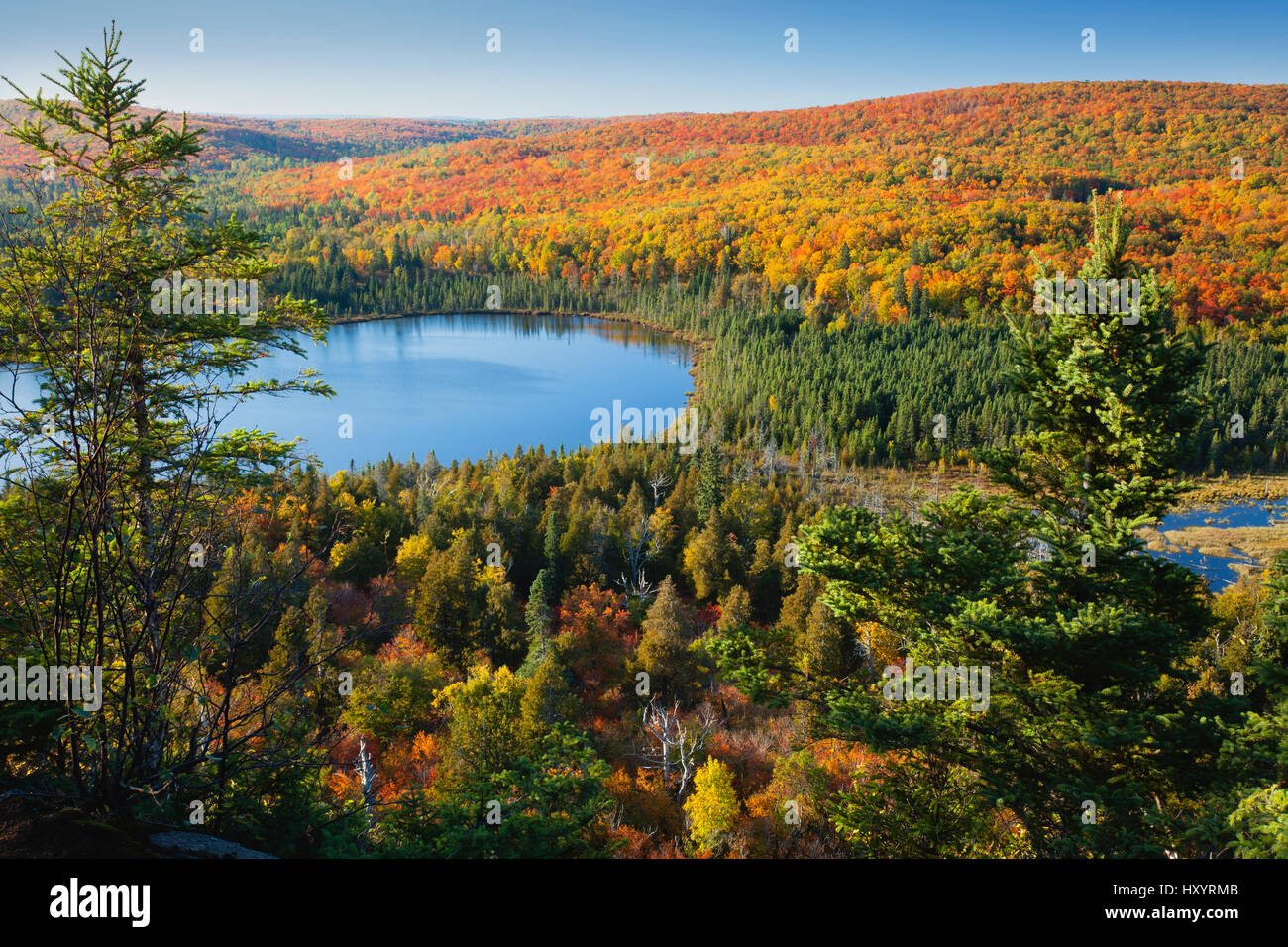 See-Oberg im nördlichen Minnesota umgeben von lodernden Herbstfarbe Stockfoto