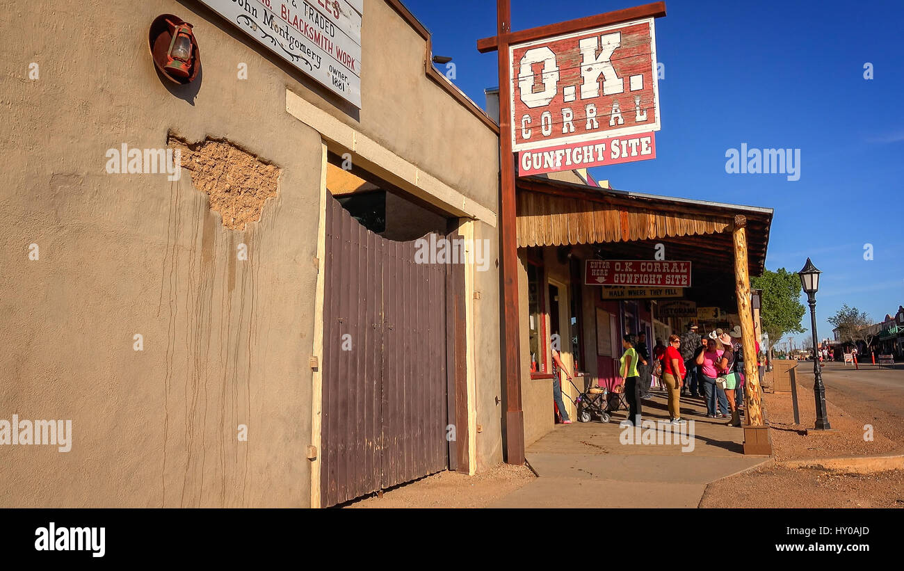 Berühmte OK Corral melden Sie sich an die historischen Wildwest Stadt Tombstone, Arizona Stockfoto