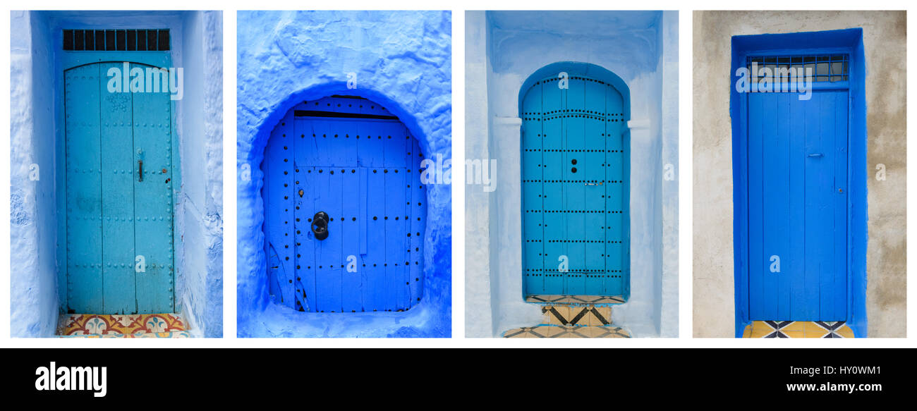 Collage aus blauen Türen, Marokko Stockfoto
