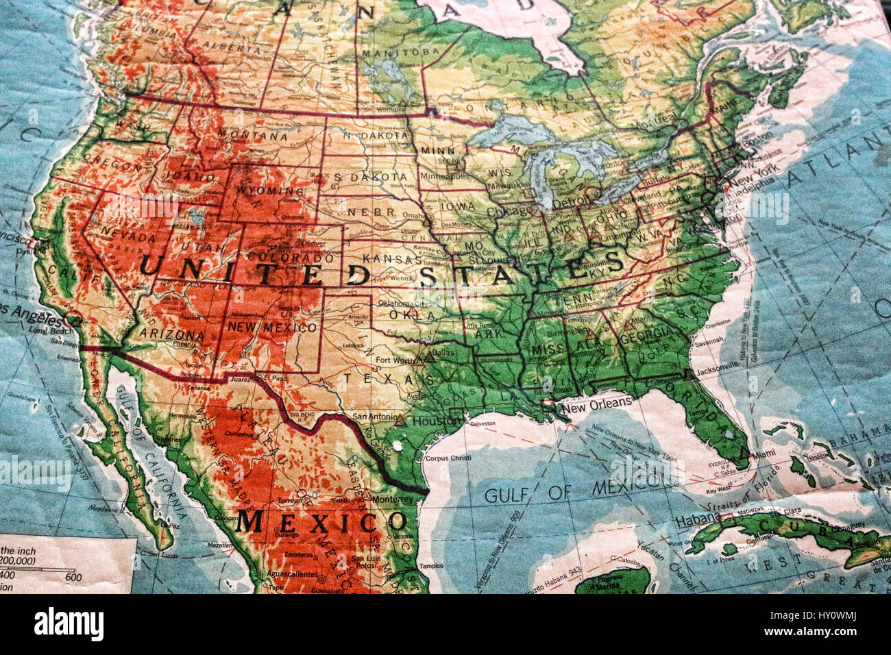 Antike Landkarte von den Vereinigten Staaten, mit denen in Klassenzimmern hängen Stockfoto